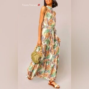 MI AMI TROPICAL PALM LEAF BELTED HIGH NECK HALTER TIERED MAXI DRESS